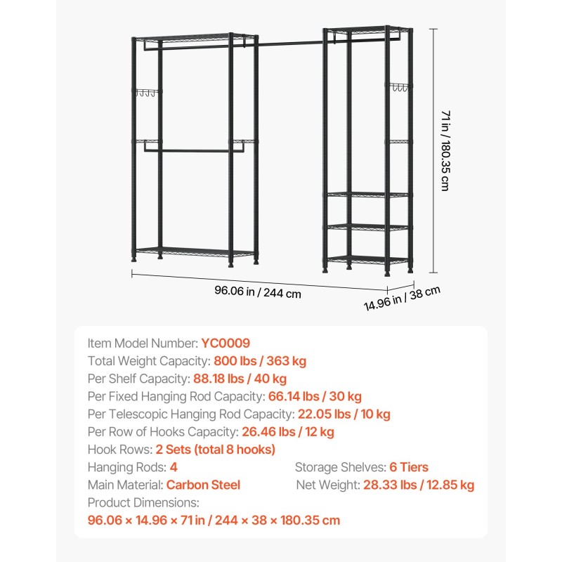 Vaateteline hiiliteräsrunko kuusi hyllyä neljä vaatetankoa kahdeksan koukkua musta