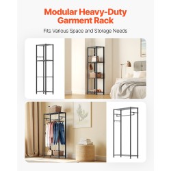 Vaateteline hiiliteräsrunko kuusi hyllyä neljä vaatetankoa kahdeksan koukkua musta