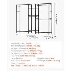 Vaateräkki hiiliteräsrunko seitsemän säädettävää hyllytasoa neljä vaatetankoa musta