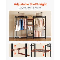 Vaateräkki hiiliteräsrunko seitsemän säädettävää hyllytasoa neljä vaatetankoa musta