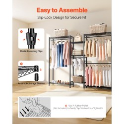 Vaateräkki hiiliteräsrunko seitsemän säädettävää hyllytasoa neljä vaatetankoa musta