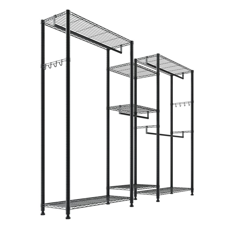 Vaateräkki hiiliteräsrunko seitsemän säädettävää hyllytasoa neljä vaatetankoa musta