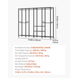 Vaateräkki hiiliteräsrunko musta 10 hyllytasoa 4 vaatetankoa