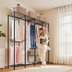 Vaateräkki hiiliteräsrunko musta 10 hyllytasoa 4 vaatetankoa