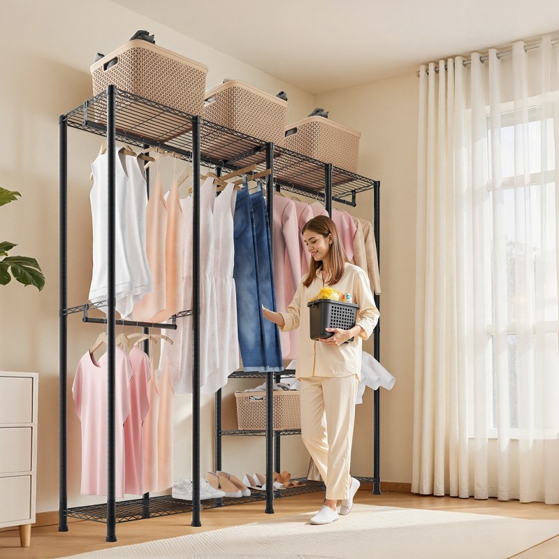 Vaateräkki hiiliteräsrunko musta 10 hyllytasoa 4 vaatetankoa