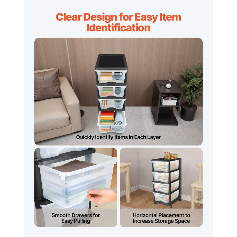 Muovinen laatikkovaunu pyörillä neljä läpinäkyvää laatikkoa jokainen seitsemäntoista litraa