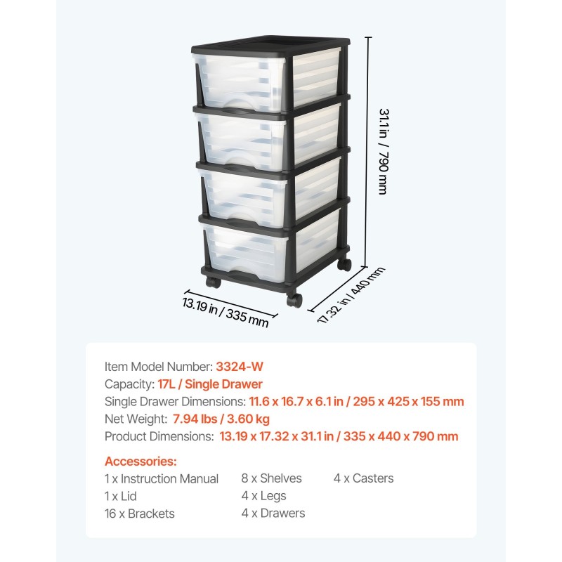 Muovinen laatikkovaunu pyörillä neljä läpinäkyvää laatikkoa jokainen seitsemäntoista litraa