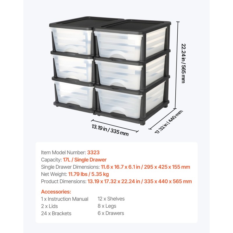 Muovinen säilytyslaatikosto 2 kpl 6 vetolaatikkoa 17 l kodin ja toimiston käyttöön