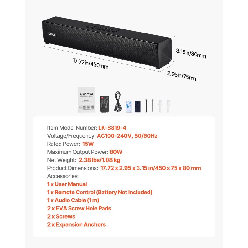 Äänipalkki 2.0-kanavainen 450 mm langaton Bluetooth 5.0 HDMI AUX USB 80 W
