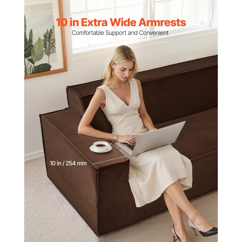 Kangassohva 211 cm leveä korduroykangas syvä istuin ruskea