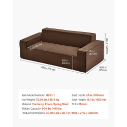 Kangassohva 211 cm leveä korduroykangas syvä istuin ruskea