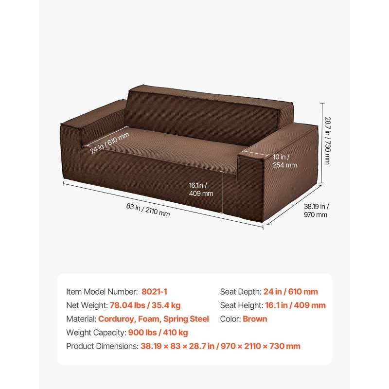Kangassohva 211 cm leveä korduroykangas syvä istuin ruskea