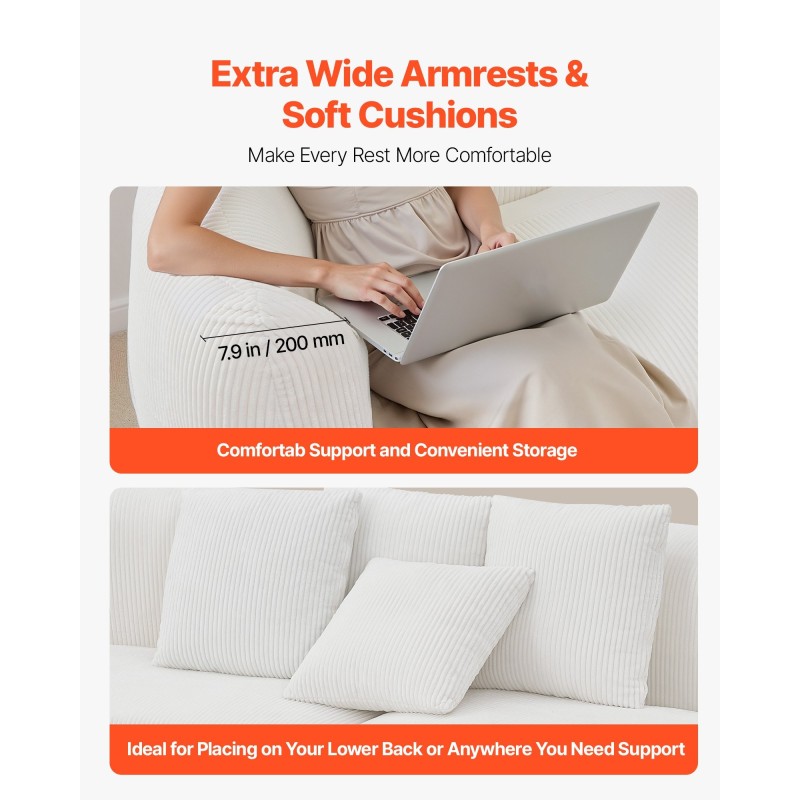 Sohva kaareva 2840 mm valkoinen samettimainen kangas syvä istuin