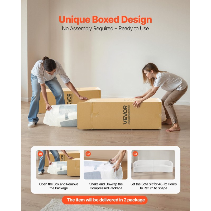 Sohva kaareva 2840 mm valkoinen samettimainen kangas syvä istuin