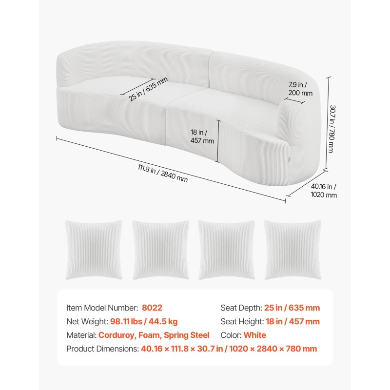 Sohva kaareva 2840 mm valkoinen samettimainen kangas syvä istuin