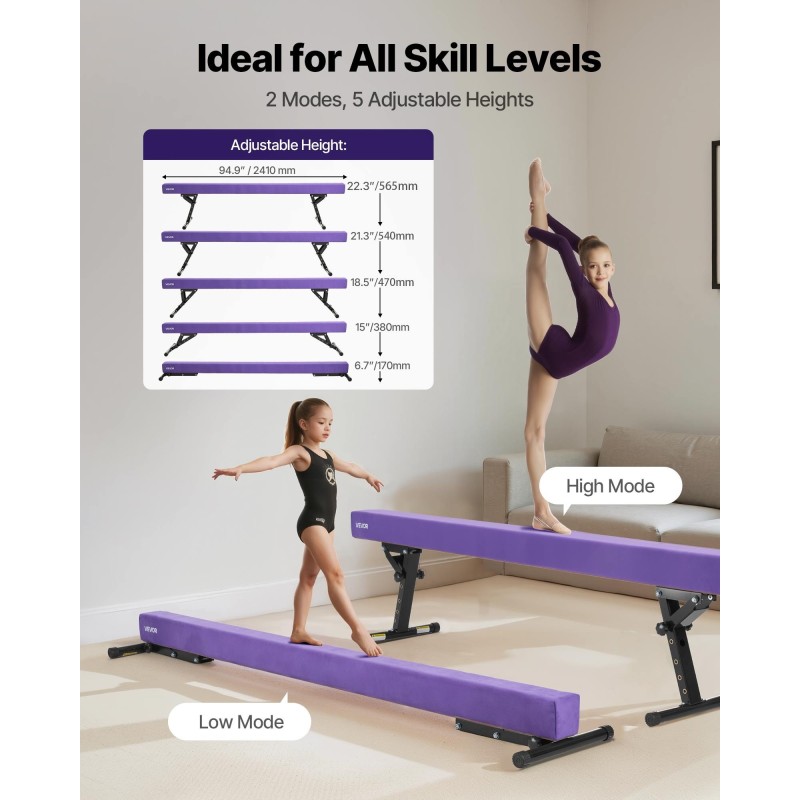 Voimistelupenkki lapsille säädettävä viisiportainen pyöristetty puuydin EVA violetti