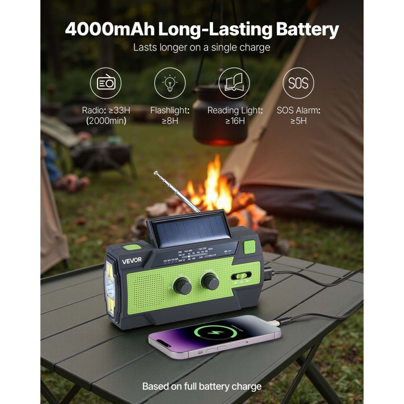 Käsikäyttöinen hätä- ja sääradio aurinko- ja USB-latauksella 4000mAh-akulla FM/AM/NOAA-tuella
