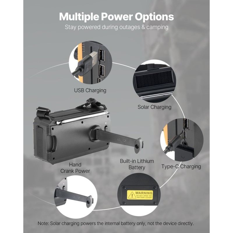 Hätäsääradio käsikampikäyttöinen aurinkokennolla 8000mAh akulla NOAA-hälytyksillä