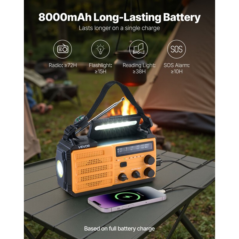 Hätäsääradio käsikampikäyttöinen aurinkokennolla 8000mAh akulla NOAA-hälytyksillä