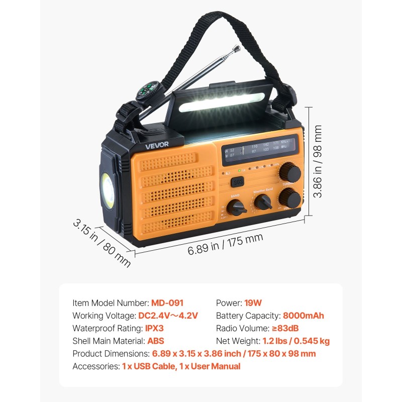 Hätäsääradio käsikampikäyttöinen aurinkokennolla 8000mAh akulla NOAA-hälytyksillä