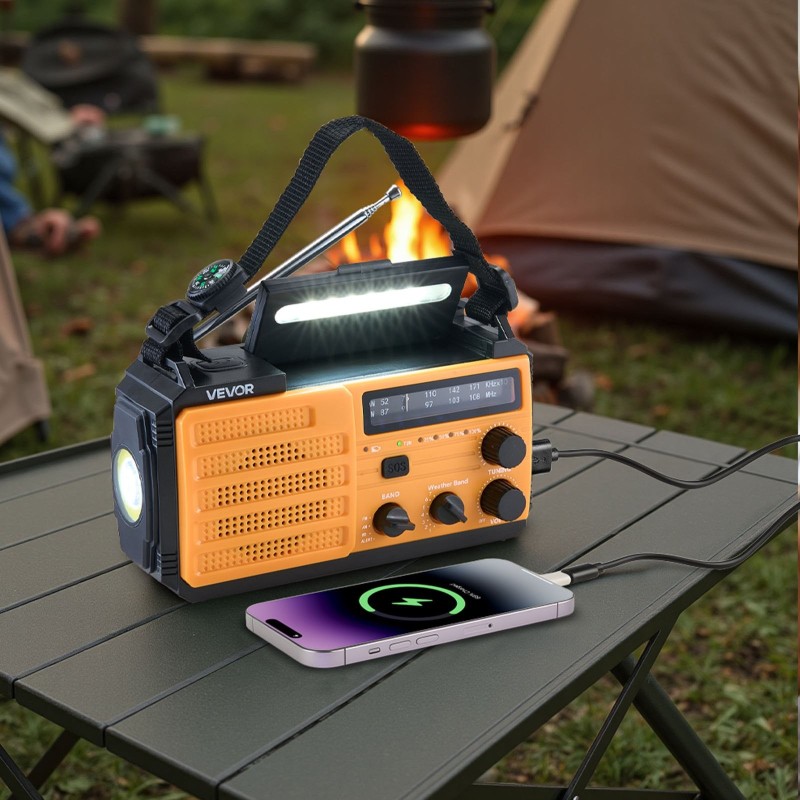 Hätäsääradio käsikampikäyttöinen aurinkokennolla 8000mAh akulla NOAA-hälytyksillä