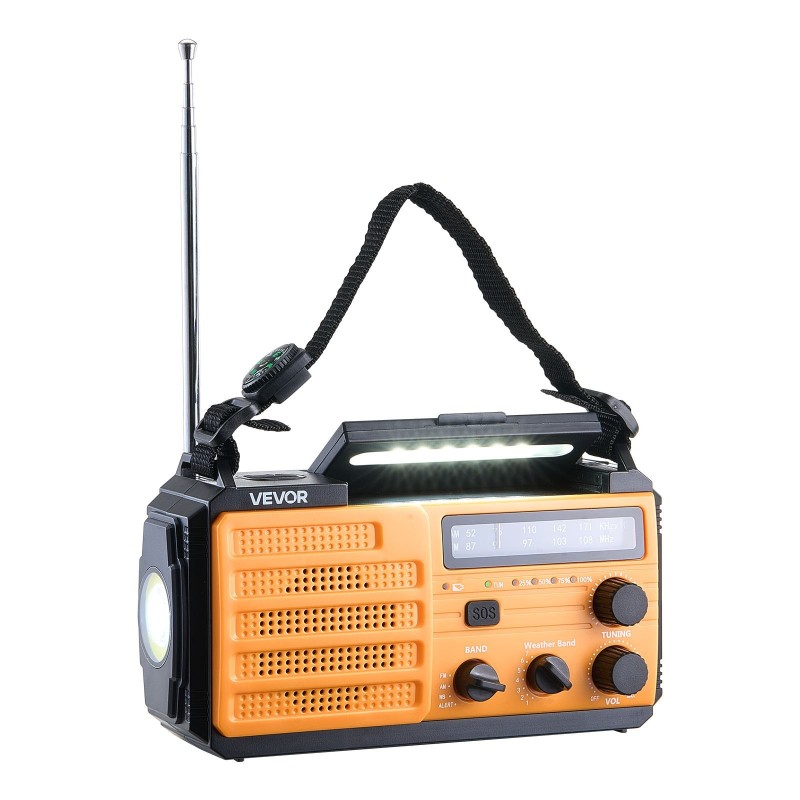 Hätäsääradio käsikampikäyttöinen aurinkokennolla 8000mAh akulla NOAA-hälytyksillä
