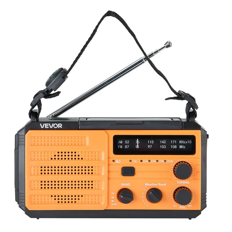 Hätäsääradio käsikampikäyttöinen aurinkokennolla 8000mAh akulla NOAA-hälytyksillä