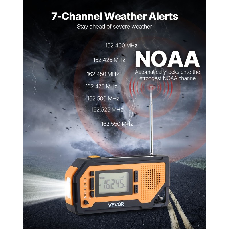 Hätä- ja sääradio käsikammella aurinkopaneelilla 2000mAh akulla FM AM NOAA
