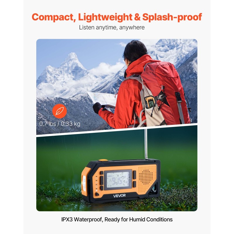 Hätä- ja sääradio käsikammella aurinkopaneelilla 2000mAh akulla FM AM NOAA