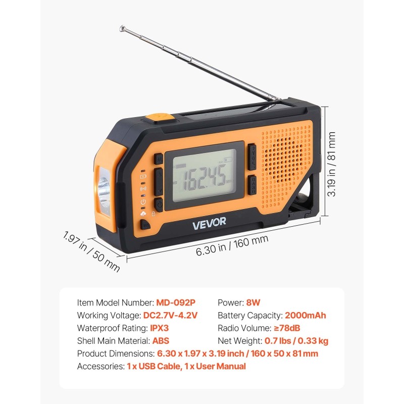Hätä- ja sääradio käsikammella aurinkopaneelilla 2000mAh akulla FM AM NOAA