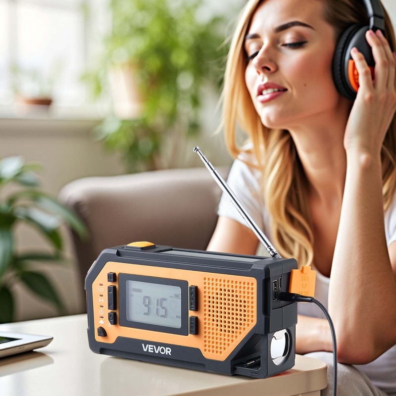 Hätä- ja sääradio käsikammella aurinkopaneelilla 2000mAh akulla FM AM NOAA