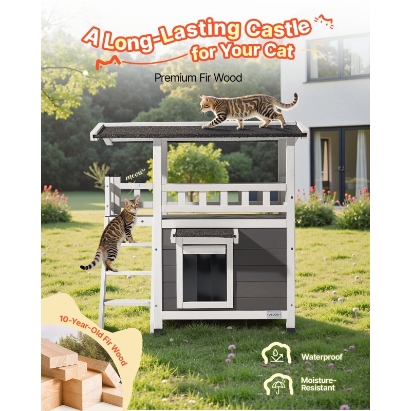 Kissatalo kaksikerroksinen kuusipuusta asfalttihuopakatolla portailla ja parvekkeella ulkokäyttöön ja sisäkäyttöön