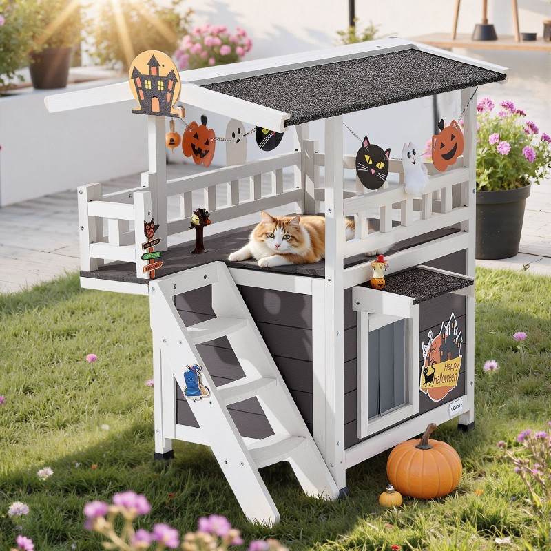 Kissatalo kaksikerroksinen kuusipuusta asfalttihuopakatolla portailla ja parvekkeella ulkokäyttöön ja sisäkäyttöön