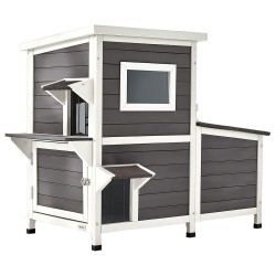 Puinen kaksikerroksinen ulkokissatalo massiivisesta kuusipuusta kolmelle kissalle asfalttihuopakatto korotettu pohja