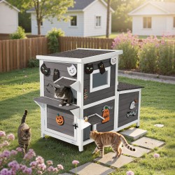 Puinen kaksikerroksinen ulkokissatalo massiivisesta kuusipuusta kolmelle kissalle asfalttihuopakatto korotettu pohja