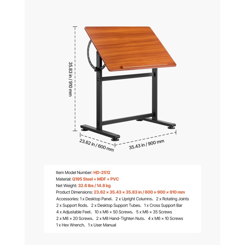 Piirustuspöytä H-muotoinen teräsrunko kuitulevy 600 x 900 mm kallistettava