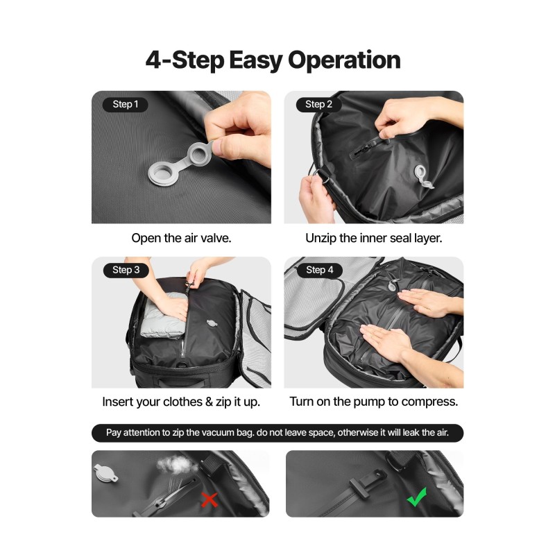 Tyhjiömatkareppu 65 litran musta vesitiivis käsinpuristettava kompressio