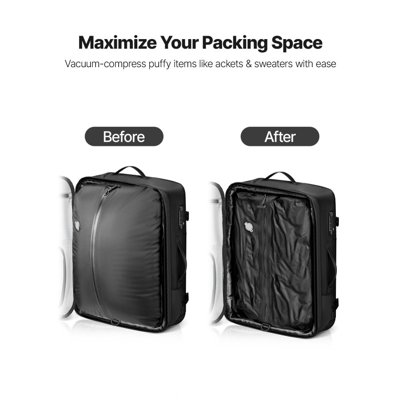 Matkareppu 80 l vakuumipumpulla vedenpitävä laajennettava monitaskuinen latausportilla turvalukolla