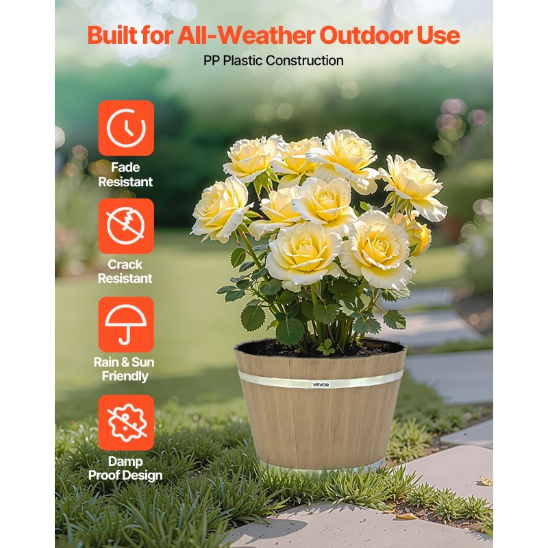 Tynnyrityyliset PP-muoviruukut 4 kpl noin 30 cm vaalea puunsyykuvio