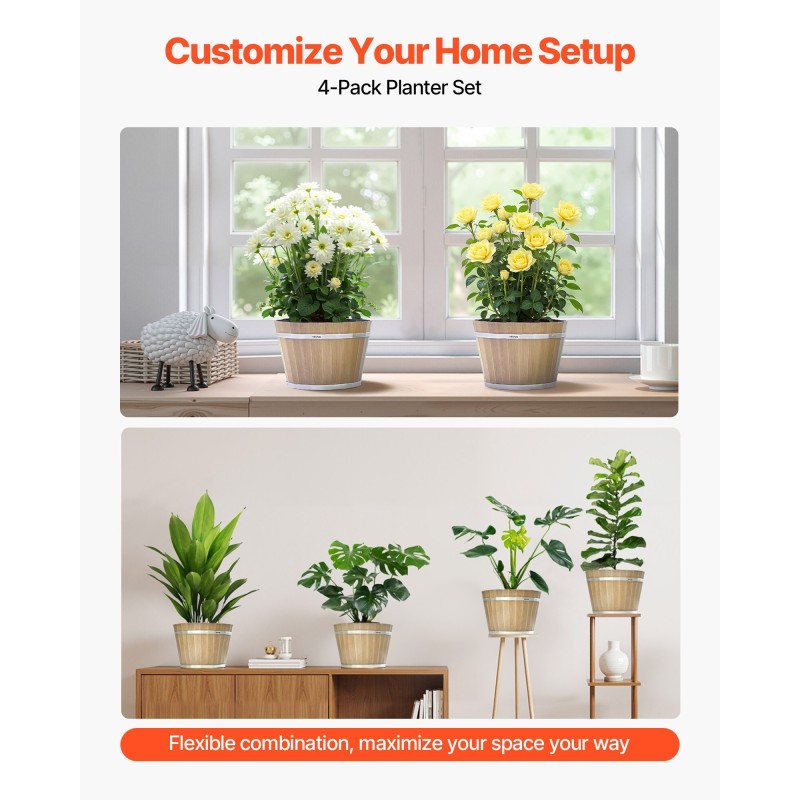 Tynnyrityyliset PP-muoviruukut 4 kpl noin 30 cm vaalea puunsyykuvio