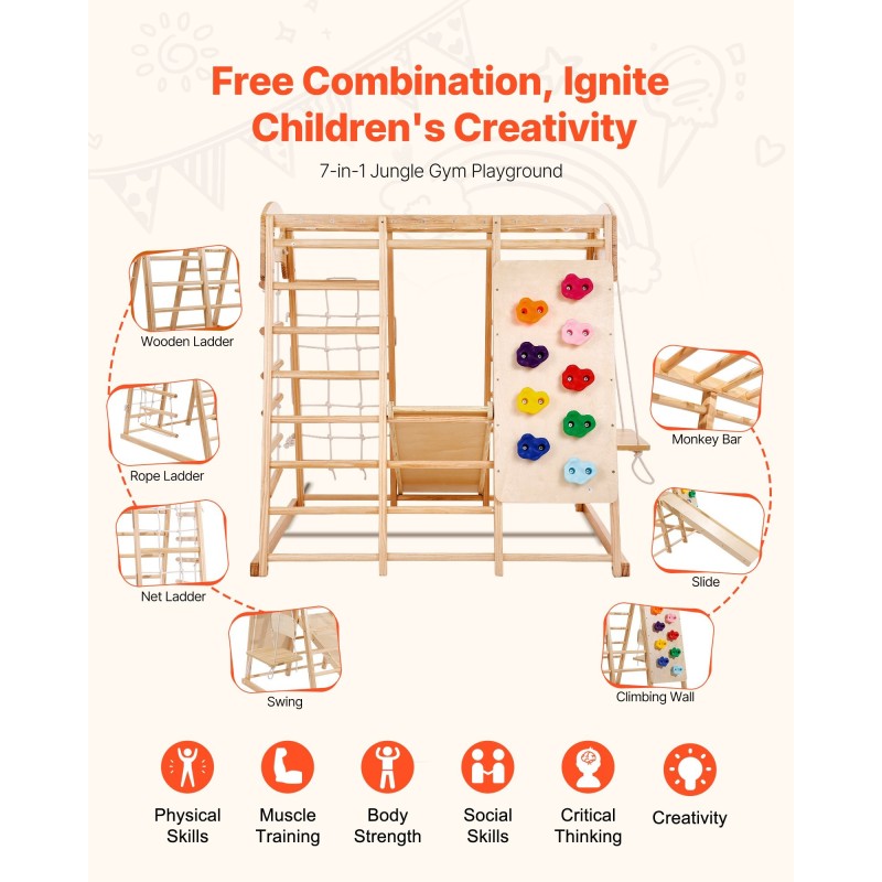 Sisäleikkokeskus 7-toimintoinen täyspuinen mäntyrunko 109x120x119.5 cm