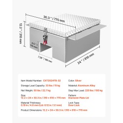 Työkaluarkku alumiininen 310x610x770 mm hopea timanttikuvioitu kansi astinalusta 100 kg kantavuus