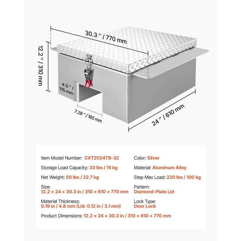 Työkaluarkku alumiininen 310x610x770 mm hopea timanttikuvioitu kansi astinalusta 100 kg kantavuus