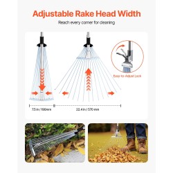 Lehtiharava ruostumattomasta teräksestä 15 piikkiä haravapää 19–57 cm teleskooppivarsi 81–160 cm