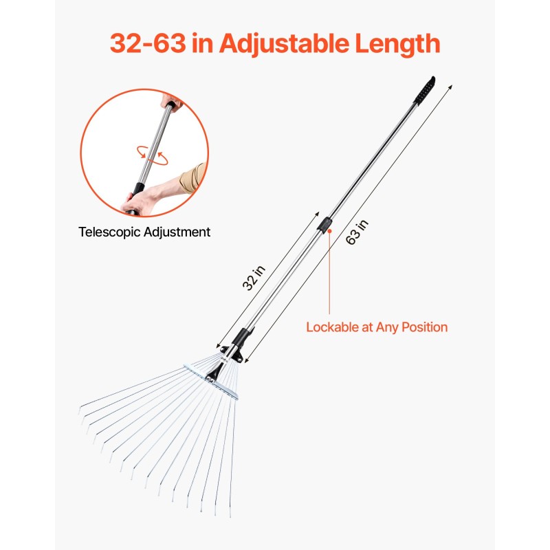 Lehtiharava ruostumattomasta teräksestä 15 piikkiä haravapää 19–57 cm teleskooppivarsi 81–160 cm