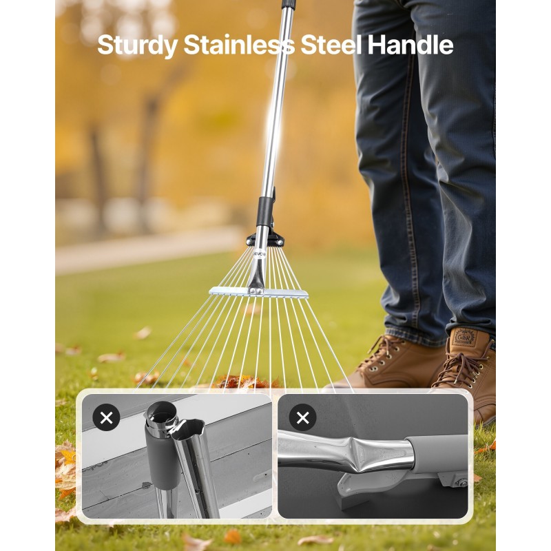 Lehtiharava ruostumattomasta teräksestä 15 piikkiä haravapää 19–57 cm teleskooppivarsi 81–160 cm