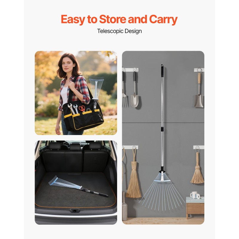 Lehtiharava ruostumattomasta teräksestä 15 piikkiä haravapää 19–57 cm teleskooppivarsi 81–160 cm