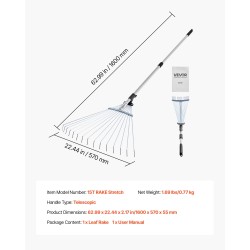 Lehtiharava ruostumattomasta teräksestä 15 piikkiä haravapää 19–57 cm teleskooppivarsi 81–160 cm