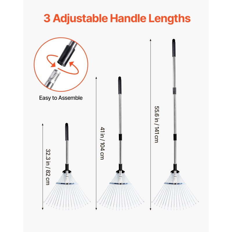 Lehtiharava ruostumattomasta teräksestä 18 piikkiä säädettävä varsi 820–1410 mm