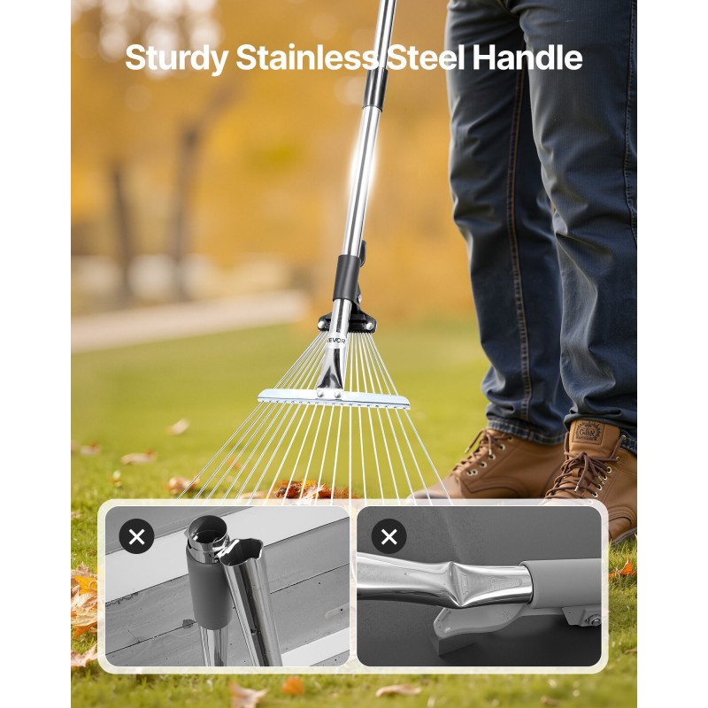 Lehtiharava ruostumattomasta teräksestä 18 piikkiä säädettävä varsi 820–1410 mm